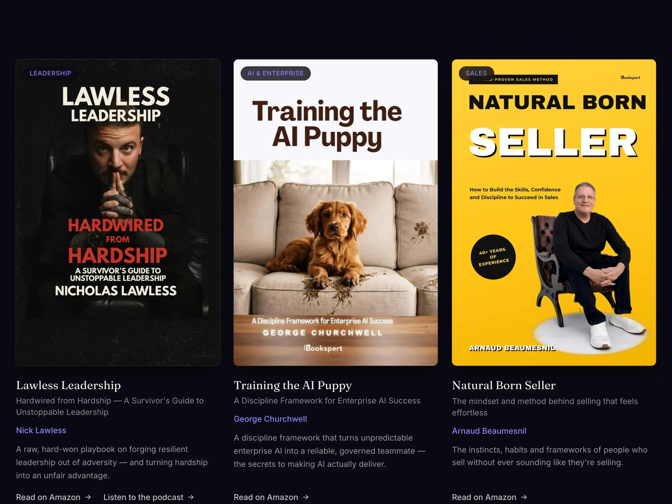 The books page with three book covers and their descriptions