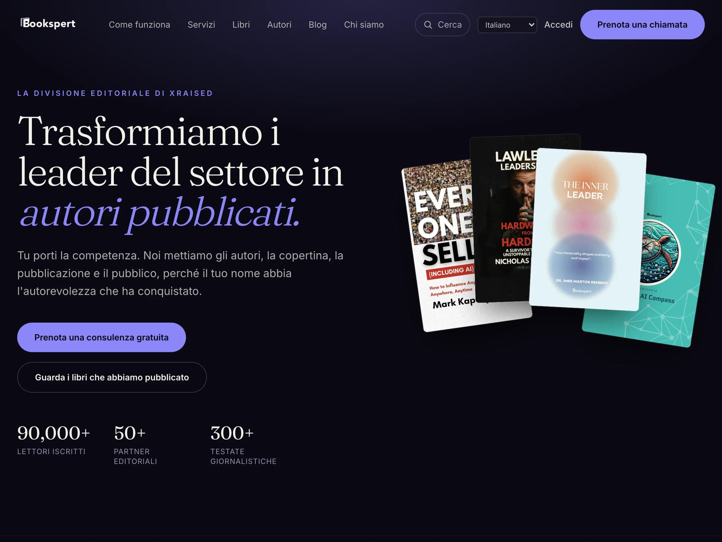 The Bookspert home page in Italian, with the language selector in the header set to Italiano