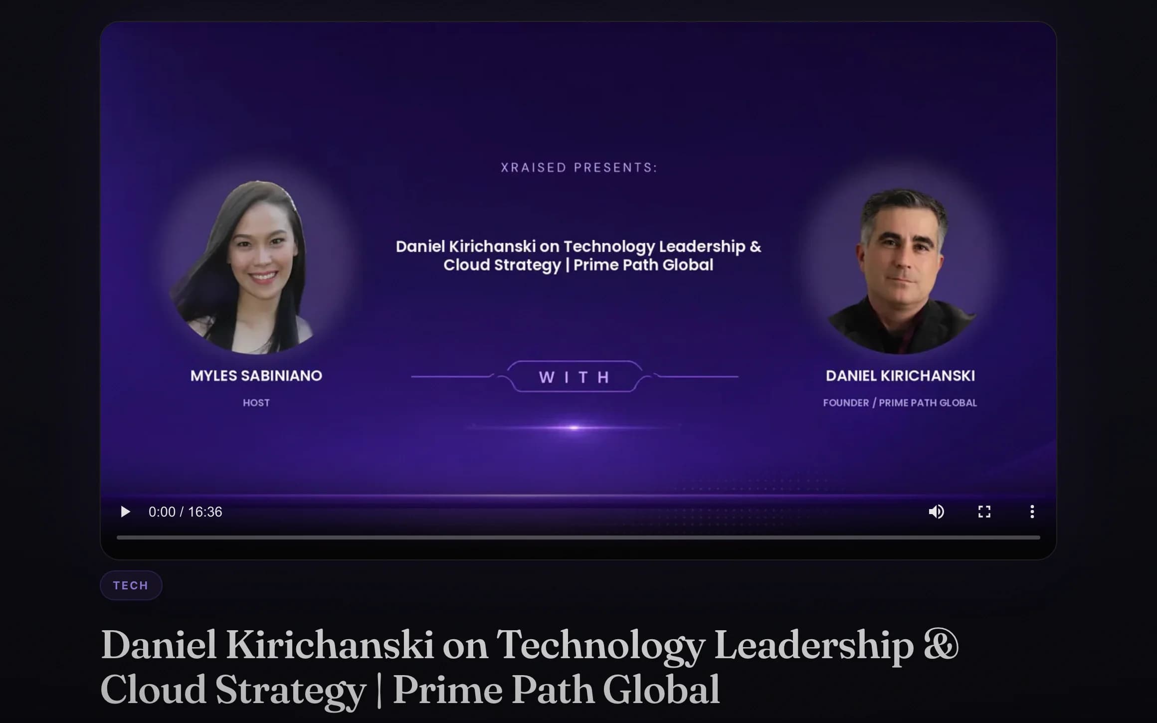 A published interview page on xraised.com: category, title, guest and the generated article