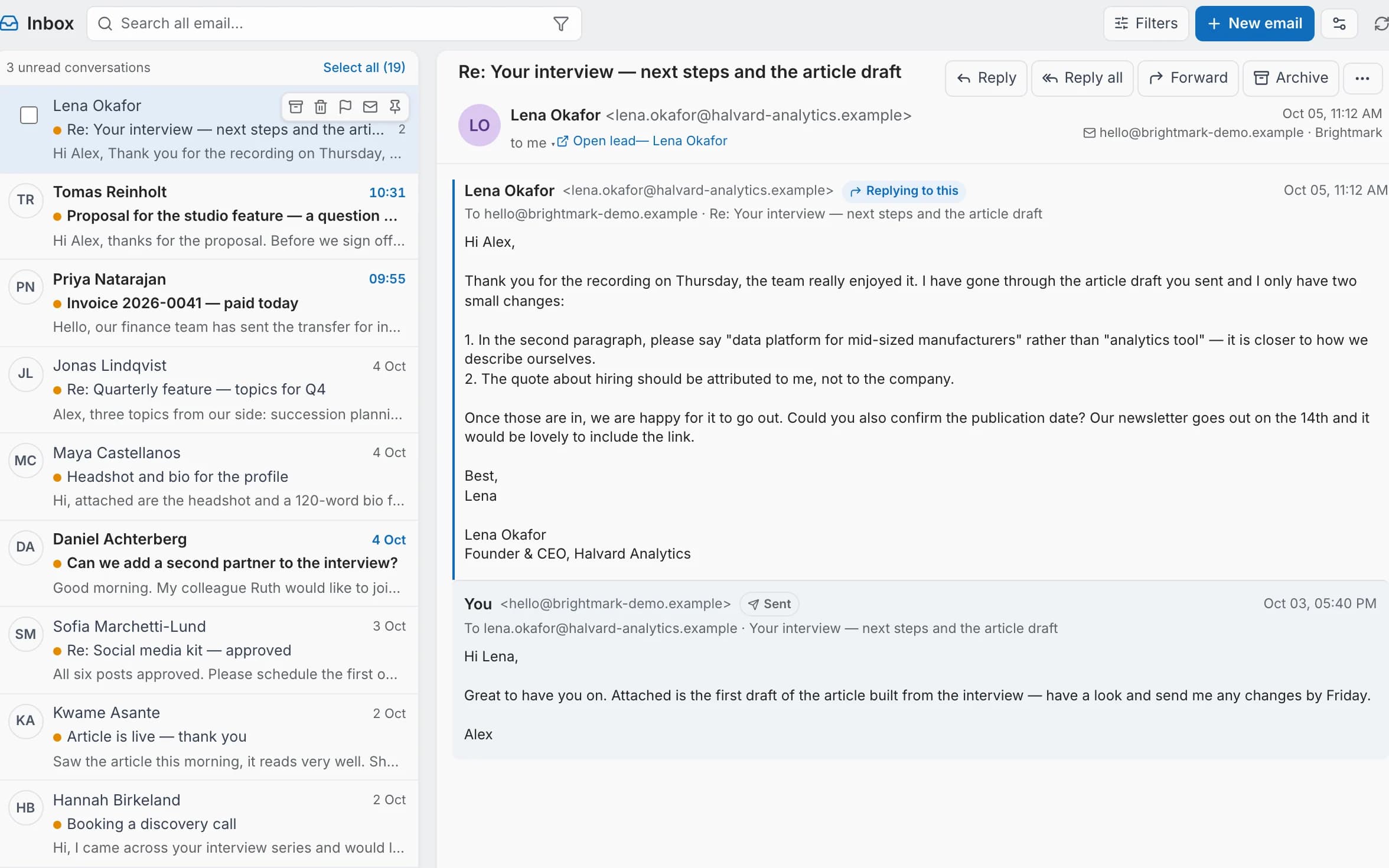 The shared inbox with the conversation list and an open email in the reading pane (fictional demo data)