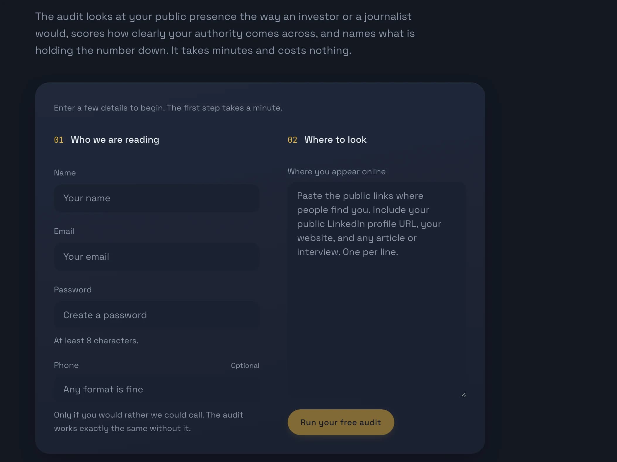 The free audit form with the two steps: who we are reading and where to look