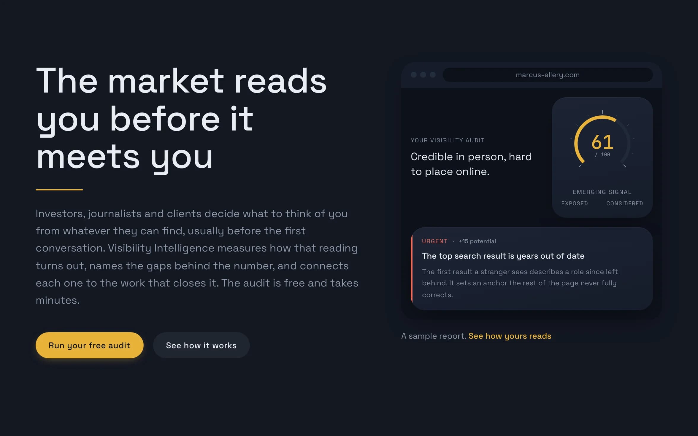 The Visibility Intelligence home page with the sample report preview: a score gauge and a finding