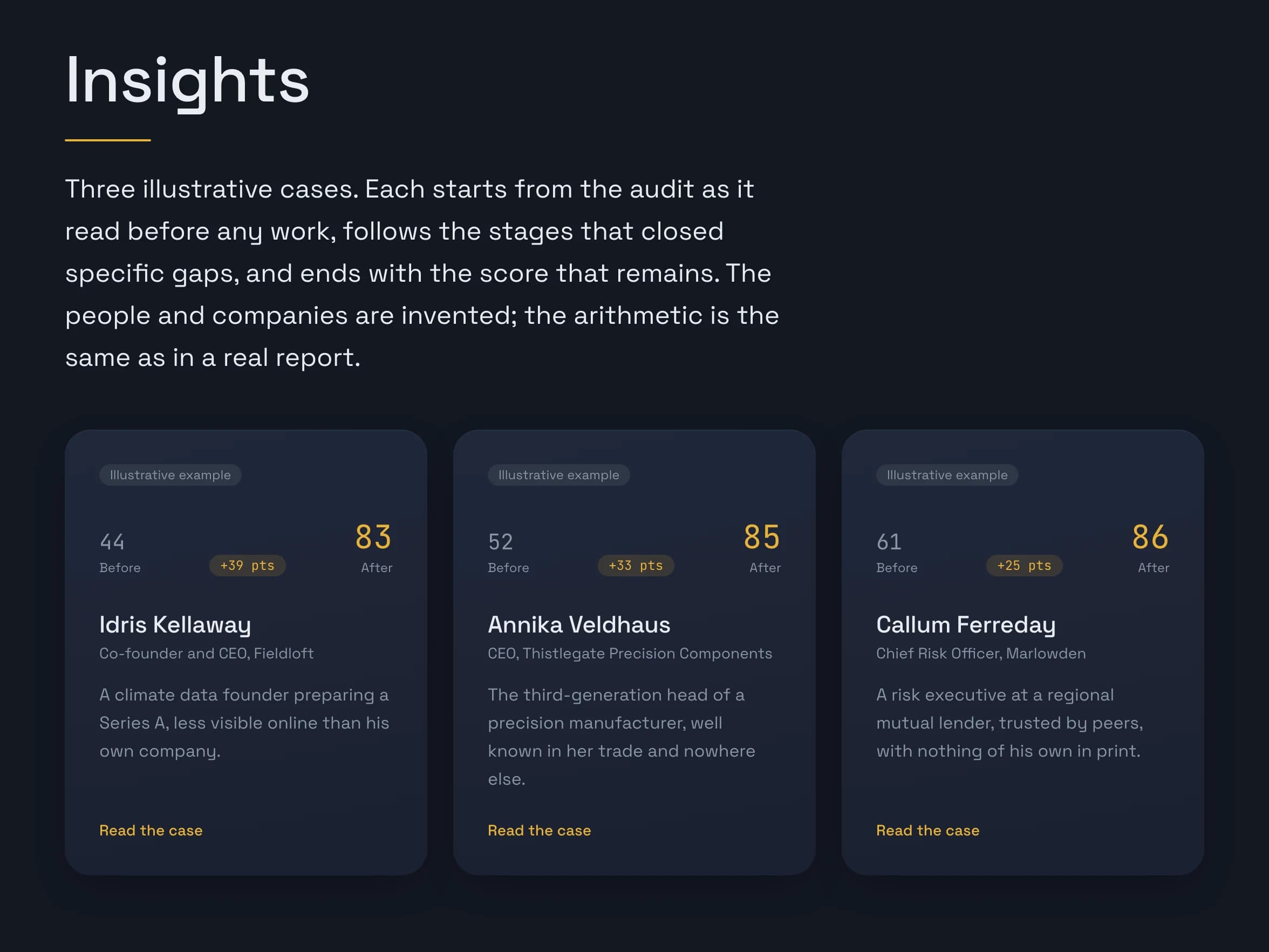 The Insights page with three illustrative example cases
