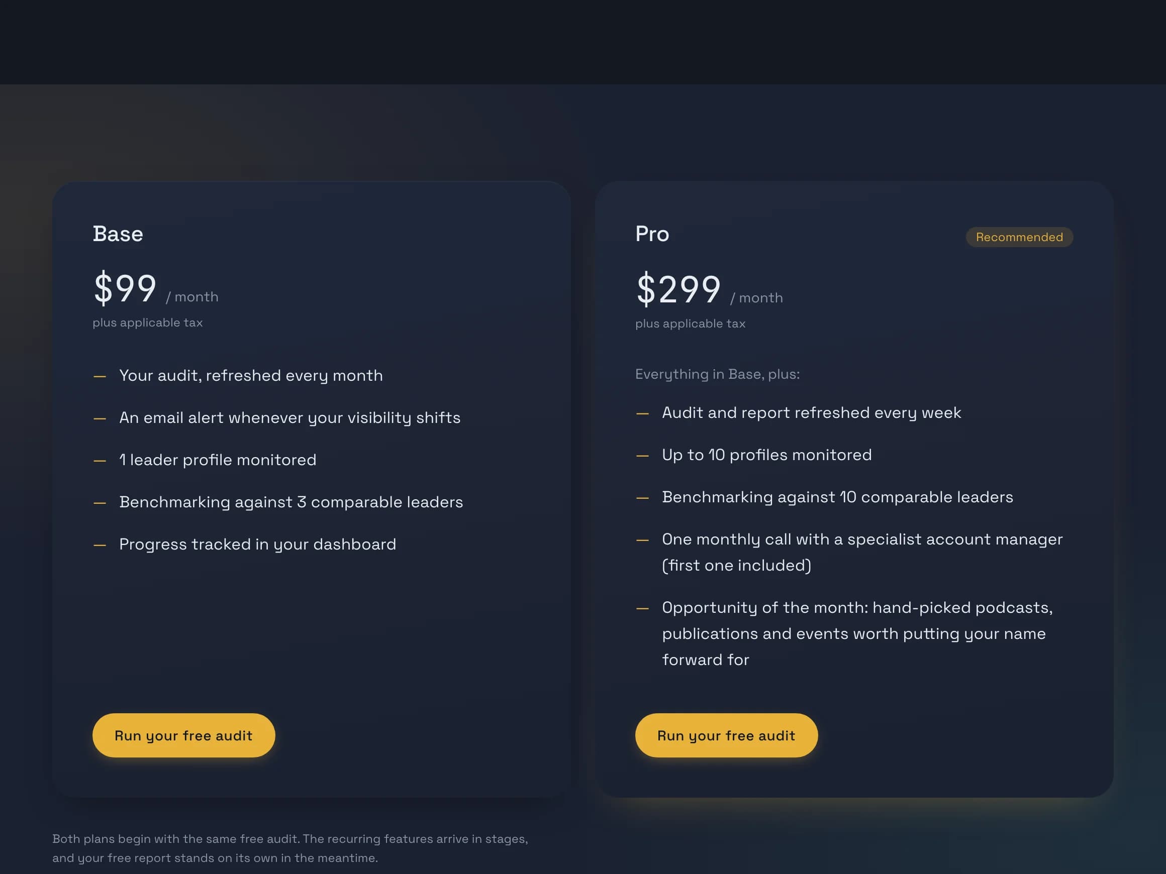 The pricing page with the Base and Pro plans side by side