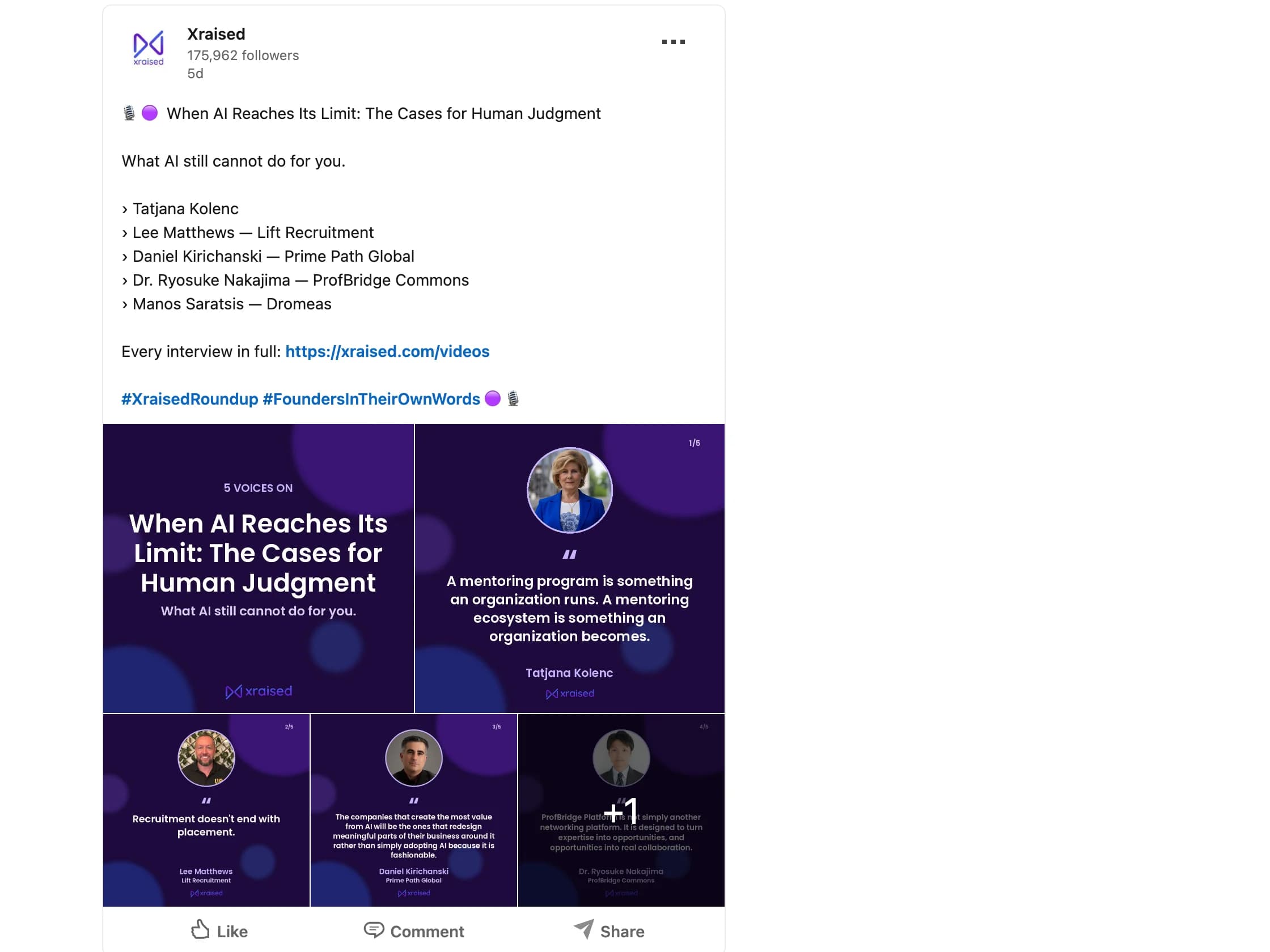 A post on the Xraised LinkedIn page with the generated social slides