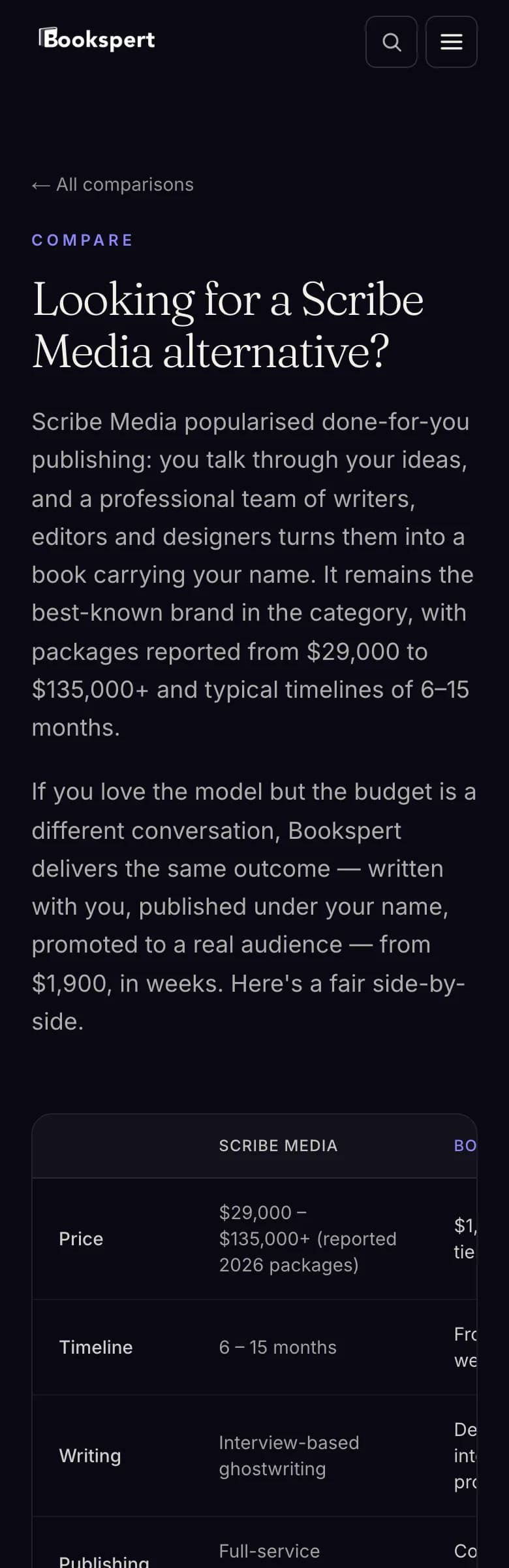 Bookspert comparison page against another publisher — mobile