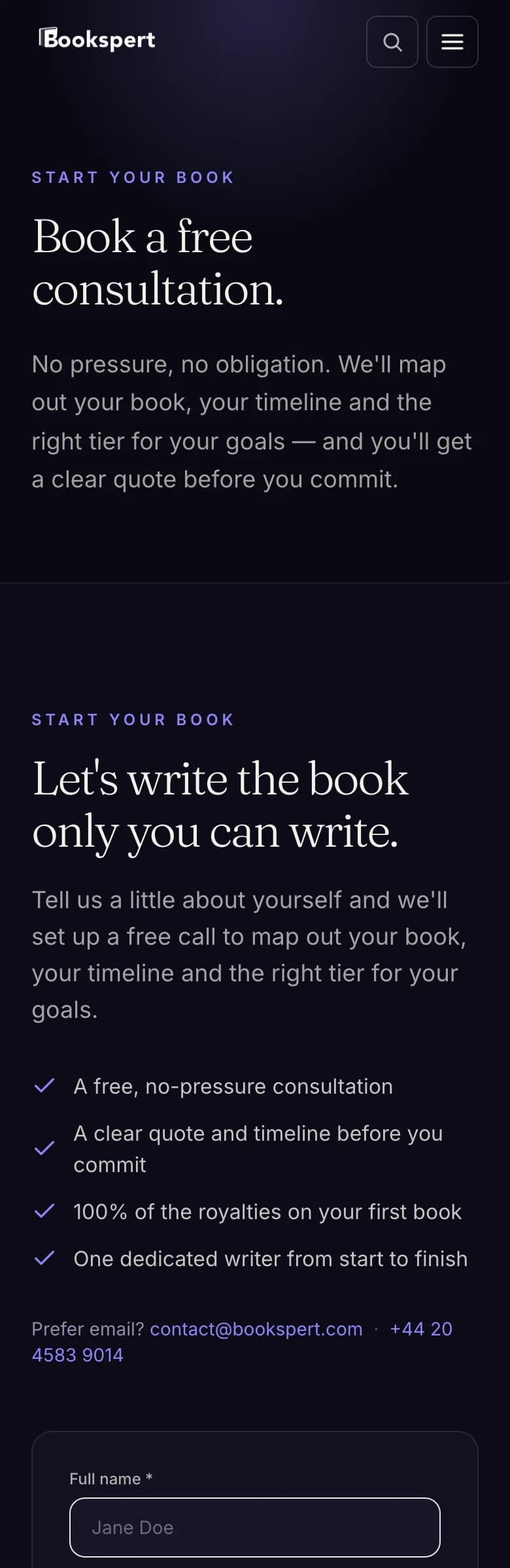 Bookspert free-consultation form — mobile