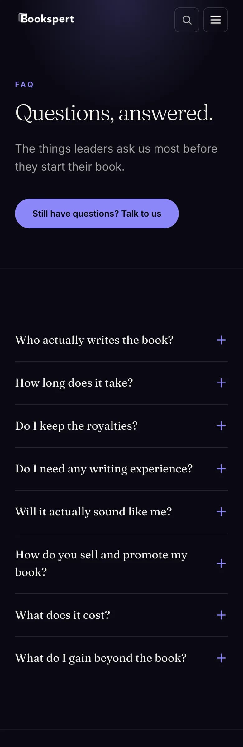 Bookspert FAQ page — mobile
