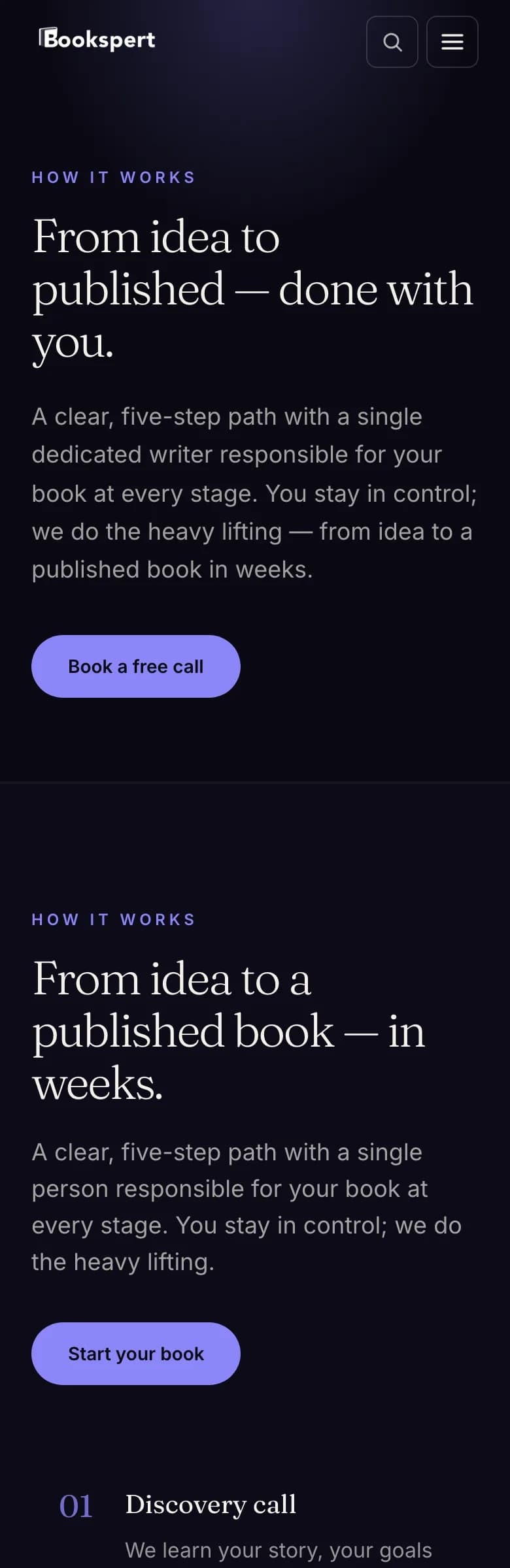 Bookspert how-it-works page with the five-step process — mobile