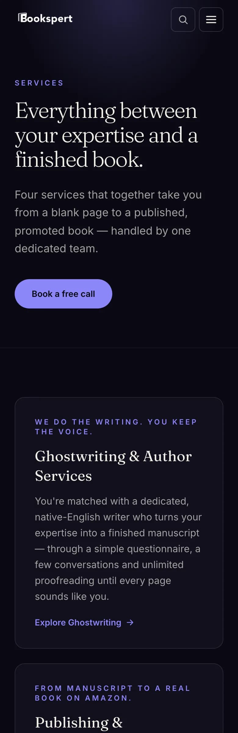 Bookspert services page — mobile