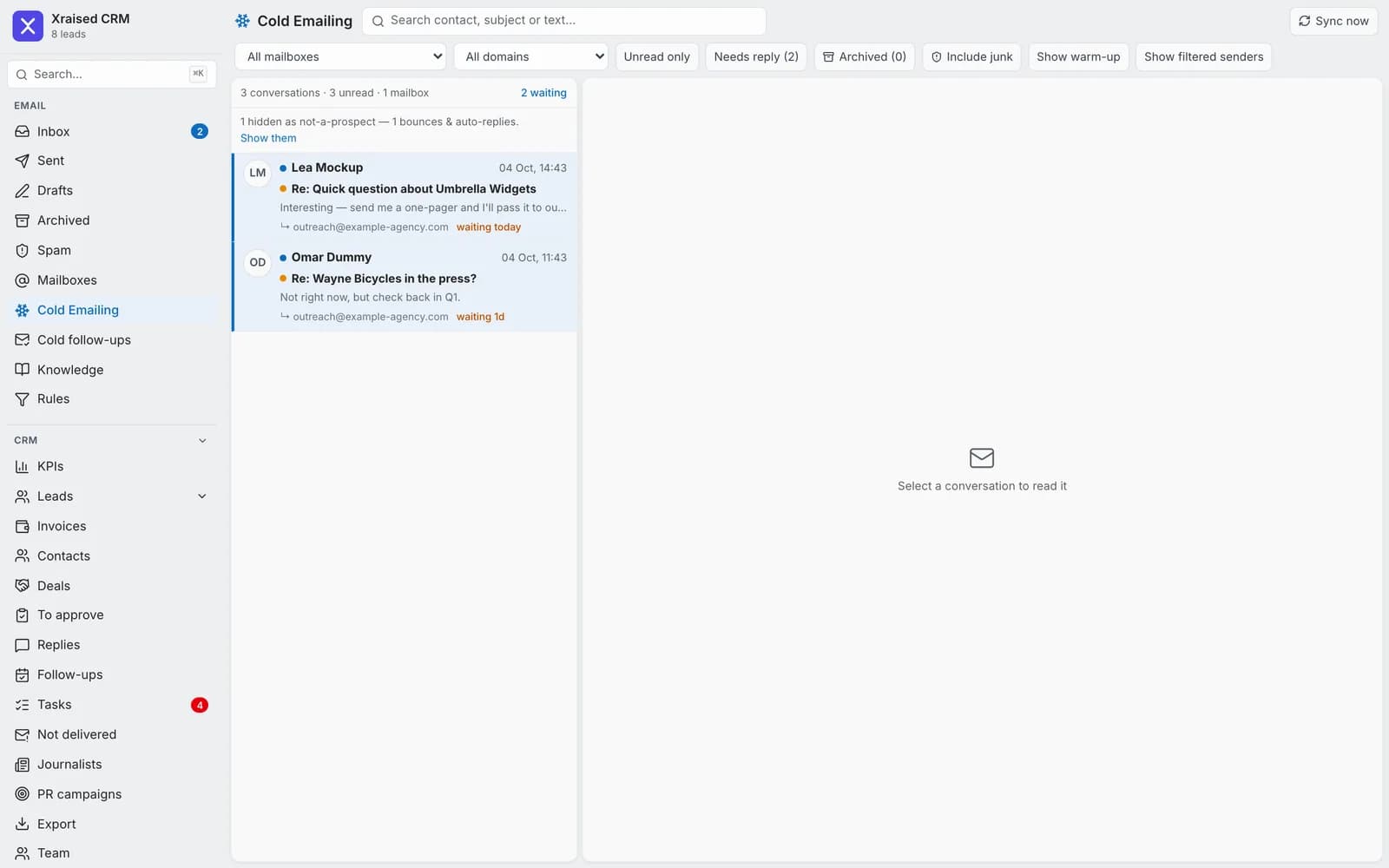Cold outreach replies section (demo data)