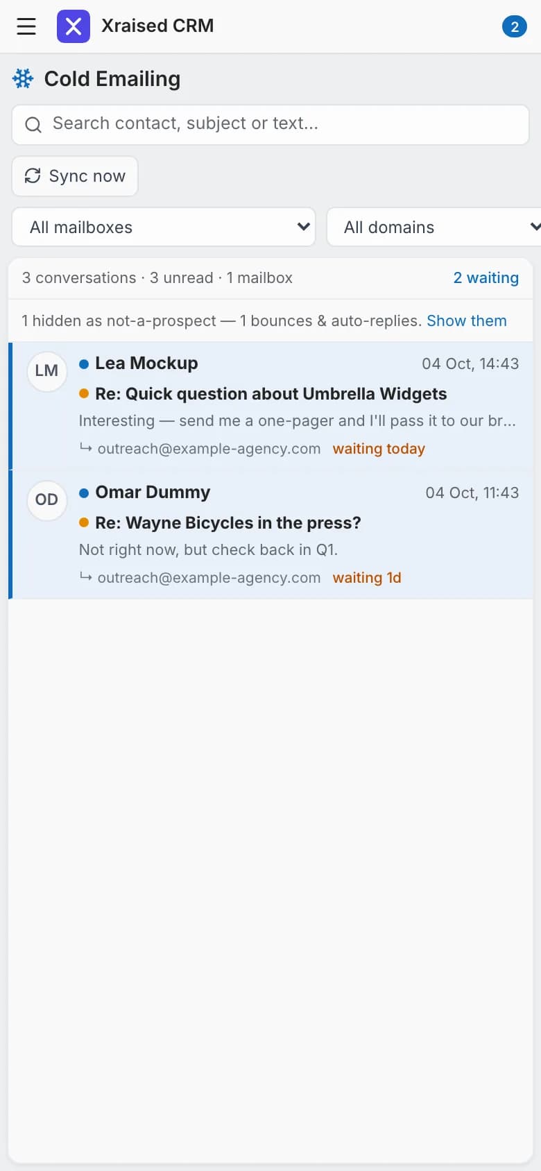 Cold outreach replies section (demo data) — mobile