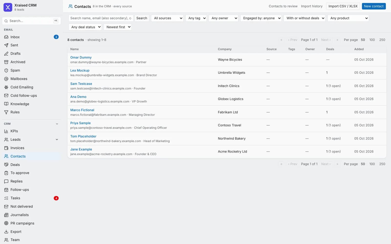 Contacts list (demo data)