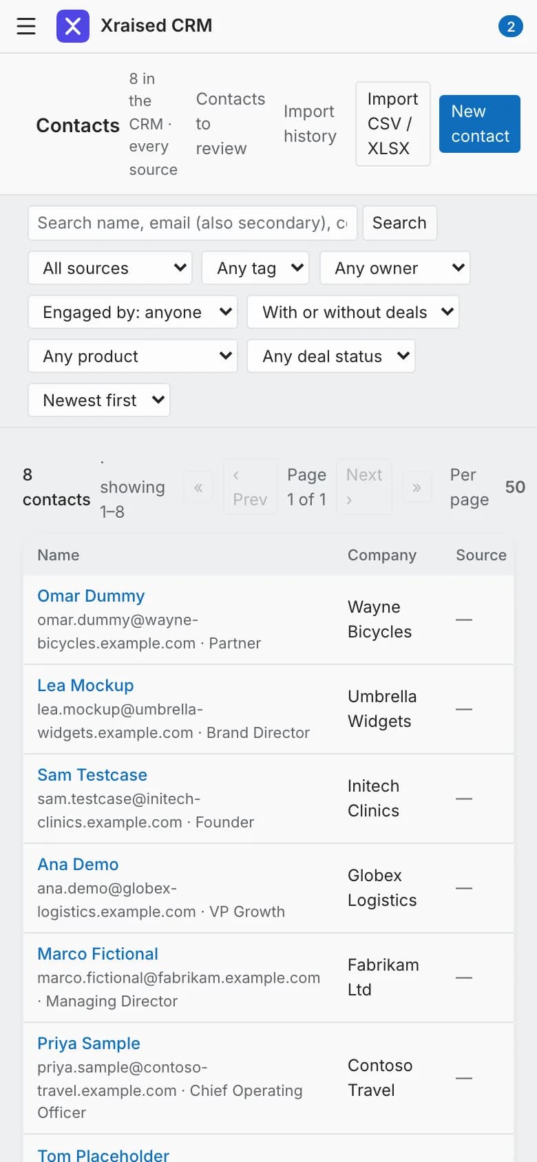 Contacts list (demo data) — mobile