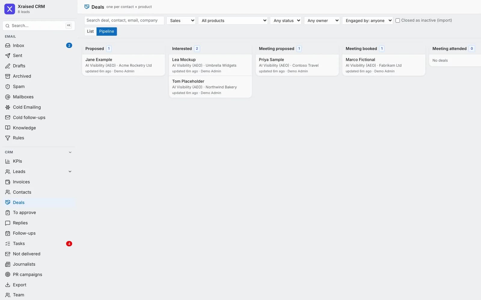Deals pipeline board by stage (demo data)