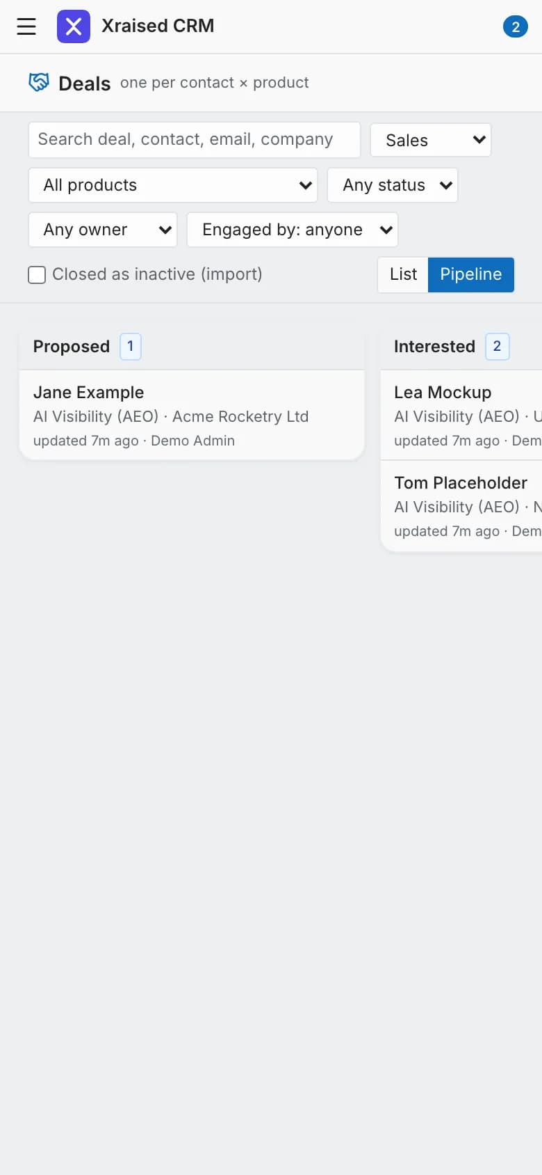 Deals pipeline board by stage (demo data) — mobile