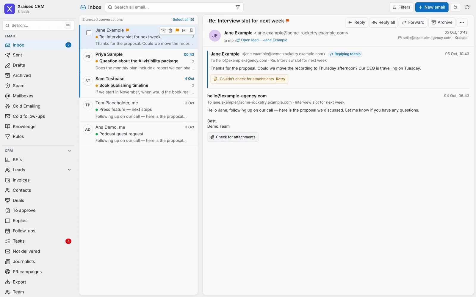 Shared inbox with conversations and reading pane (demo data)