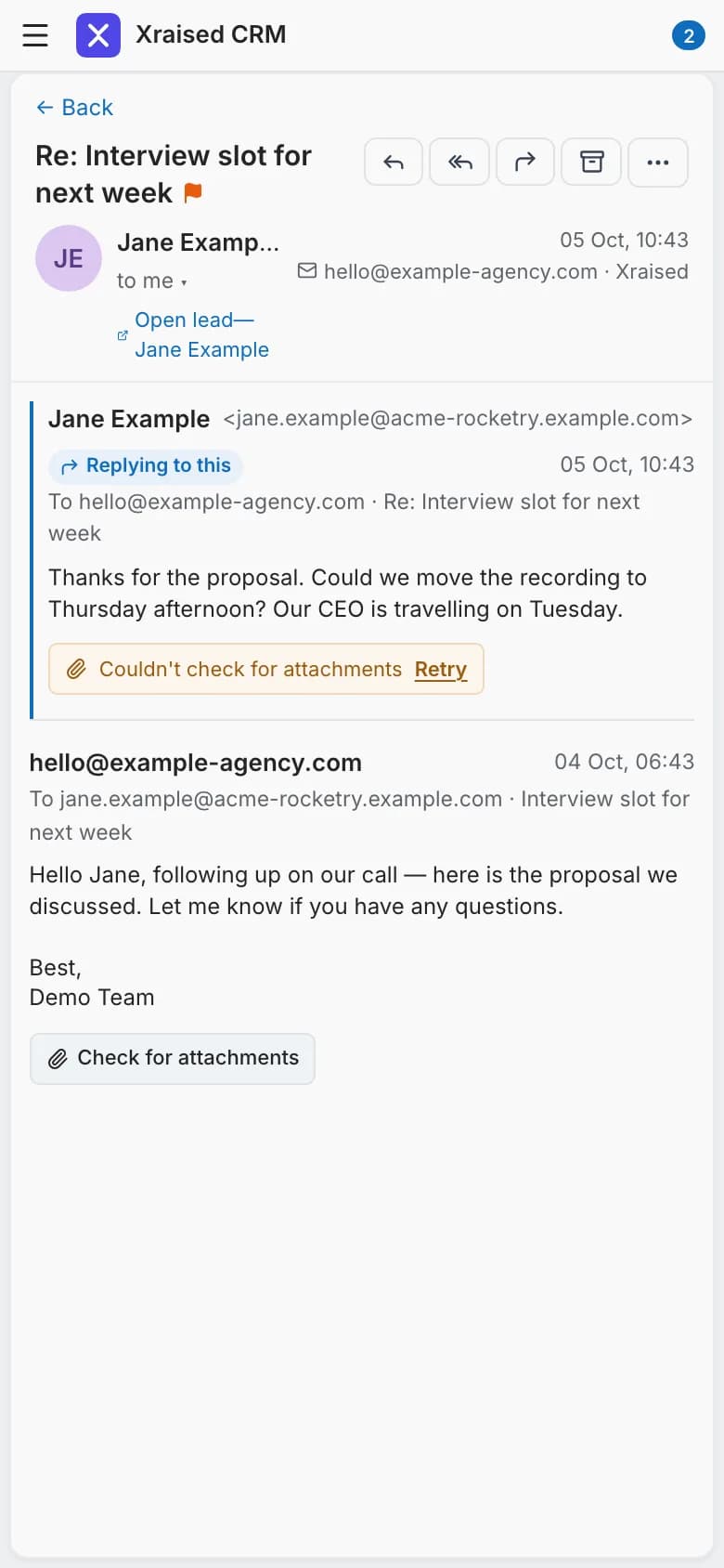 Shared inbox with conversations and reading pane (demo data) — mobile