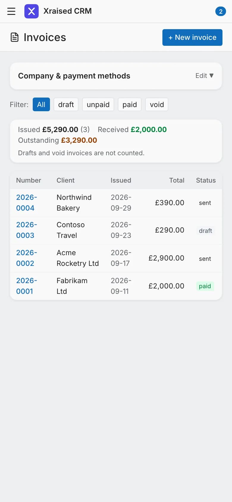 Invoices list (demo data) — mobile