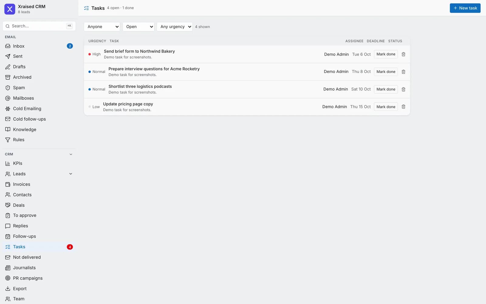 Team tasks with urgency and deadlines (demo data)