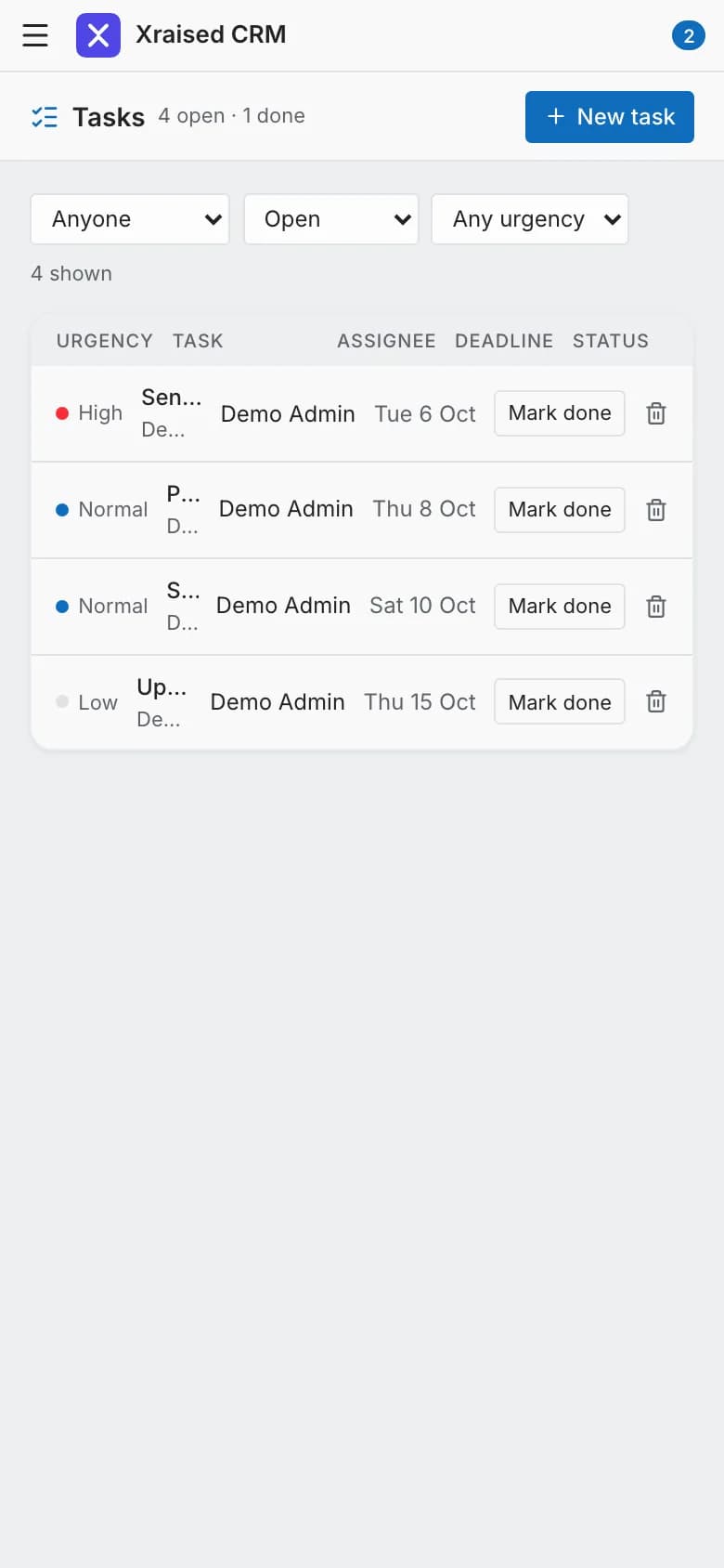 Team tasks with urgency and deadlines (demo data) — mobile