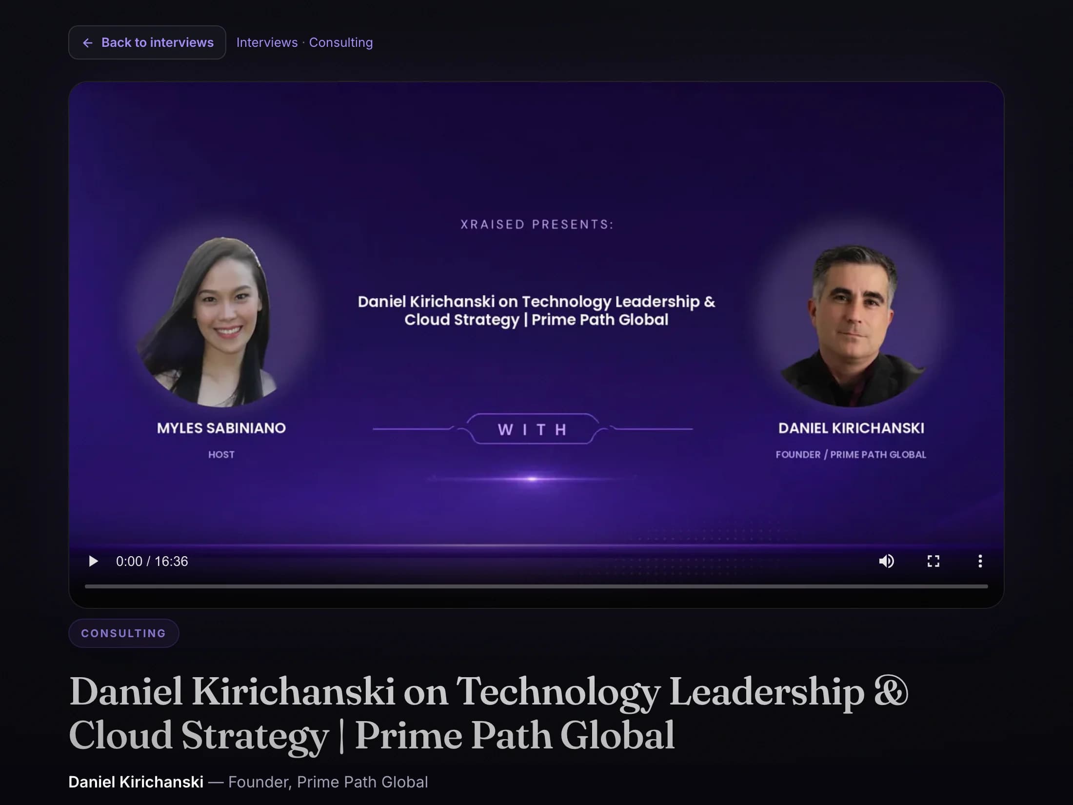 An interview page with the video player, category and title