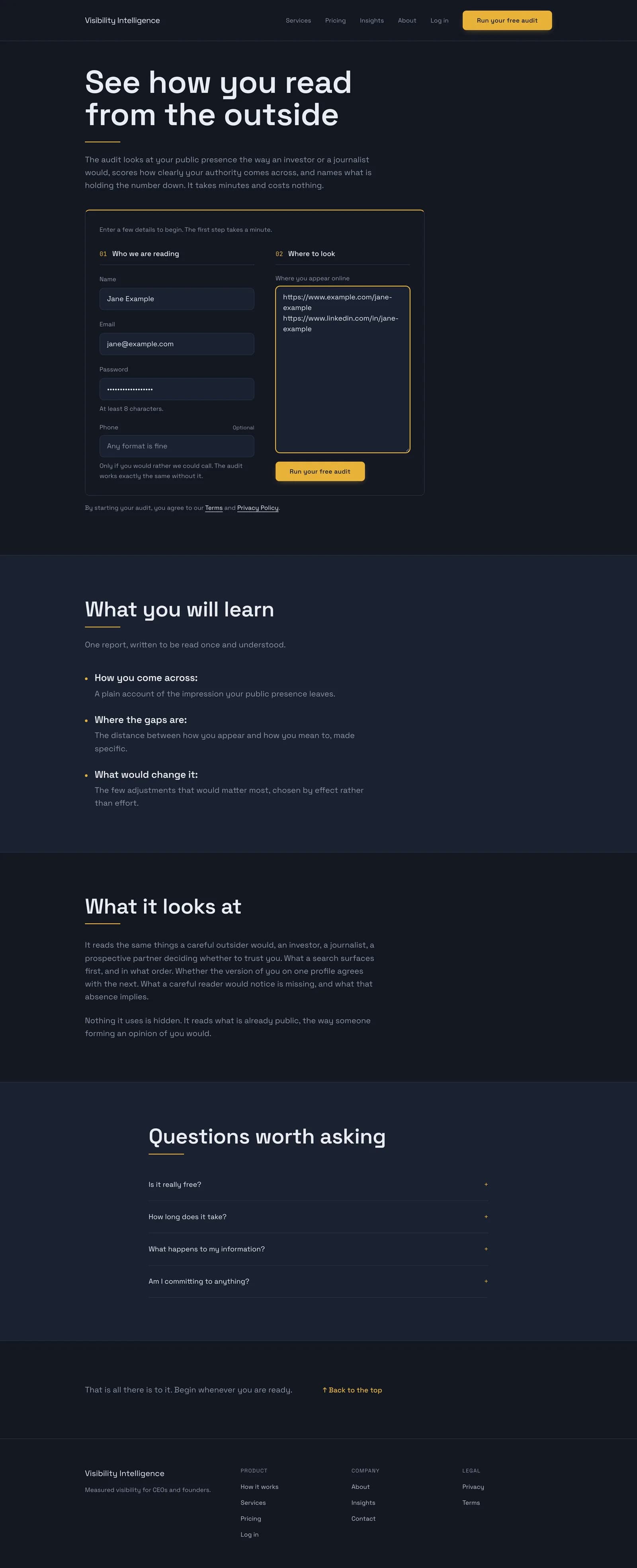 The free audit form, filled with fictional example details