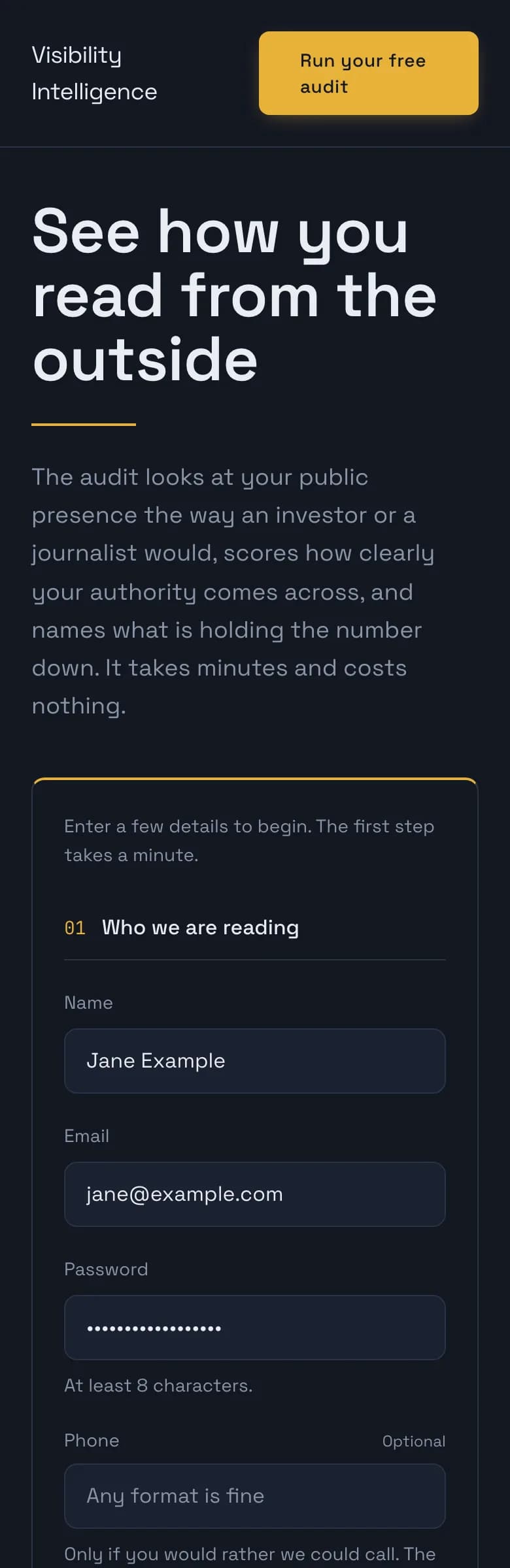The free audit form, filled with fictional example details — mobile