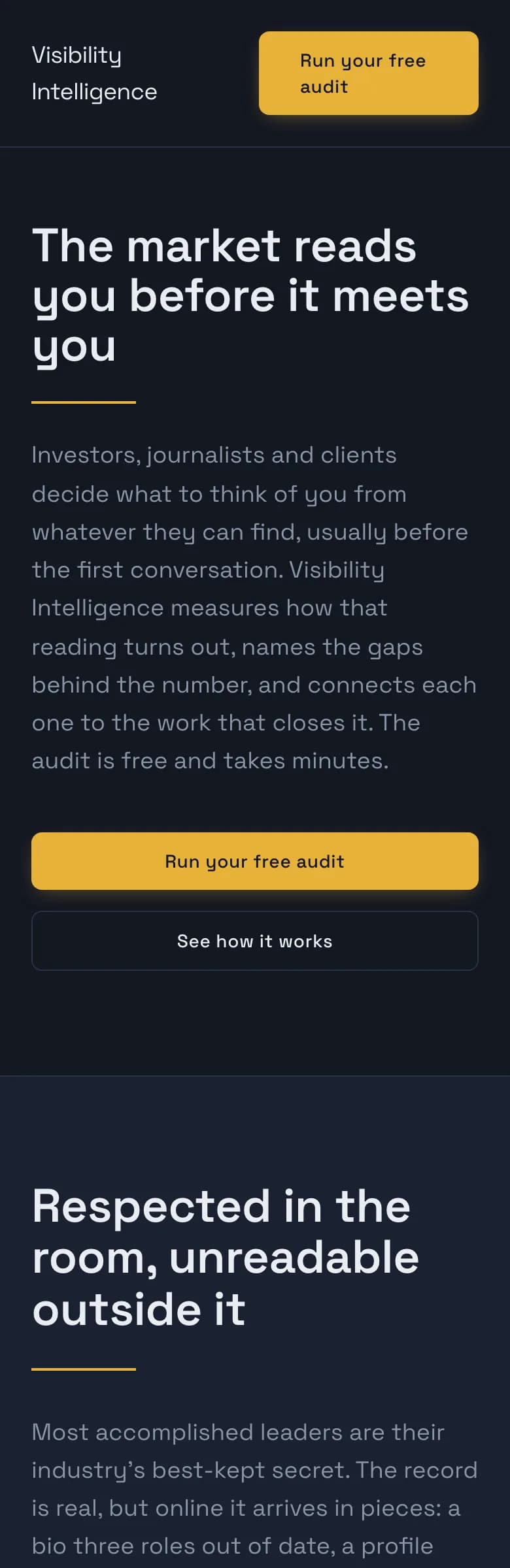 Visibility Intelligence landing page — mobile