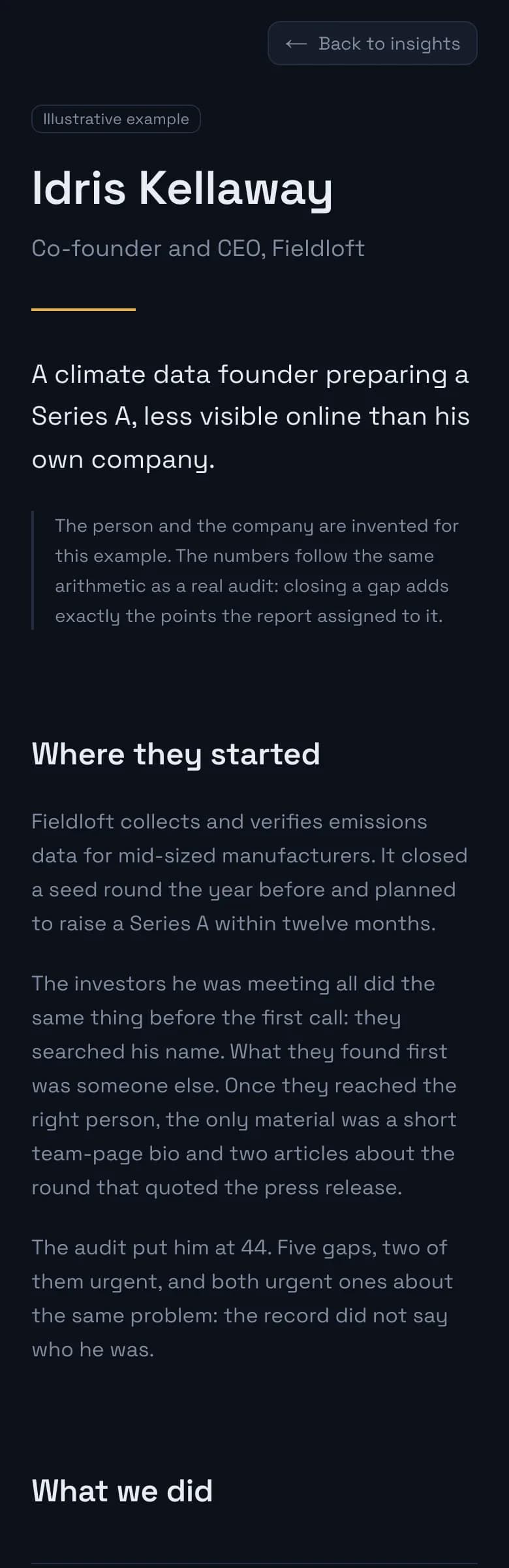 Illustrative audit report with score, gaps and findings (invented example) — mobile