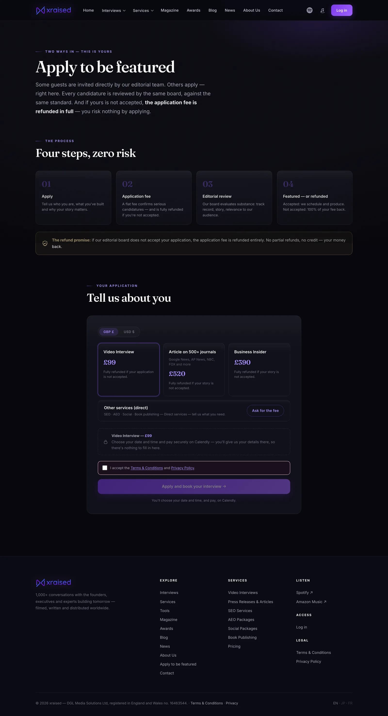 Apply to be featured page with the four-step process