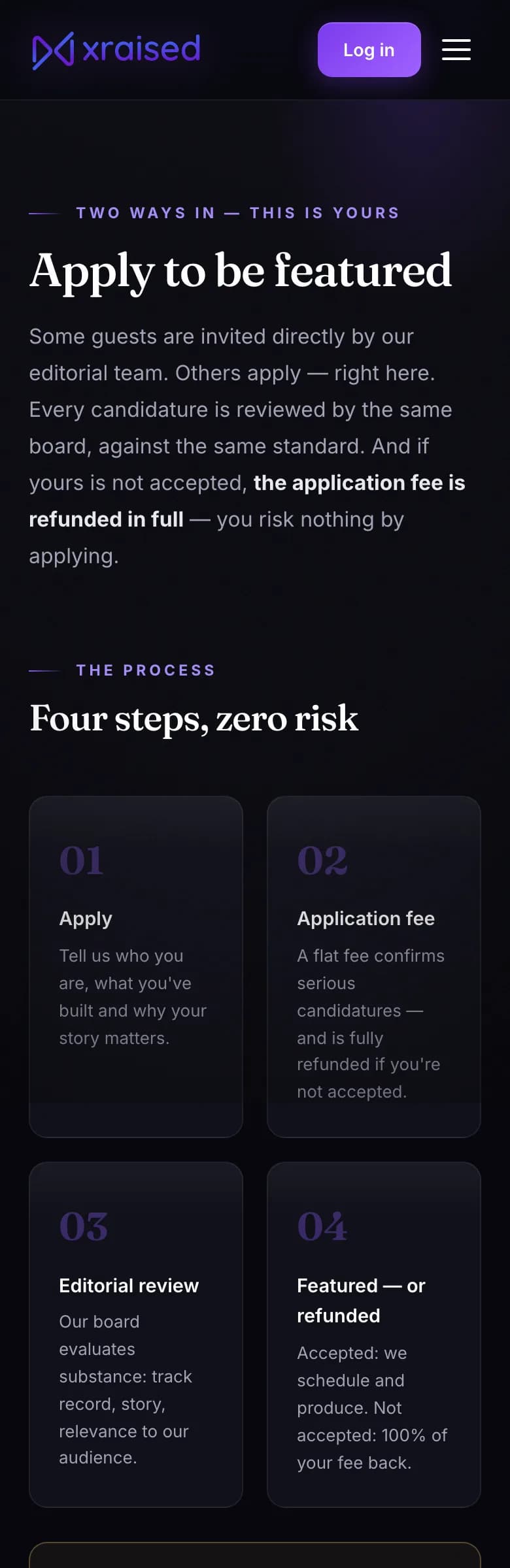 Apply to be featured page with the four-step process — mobile