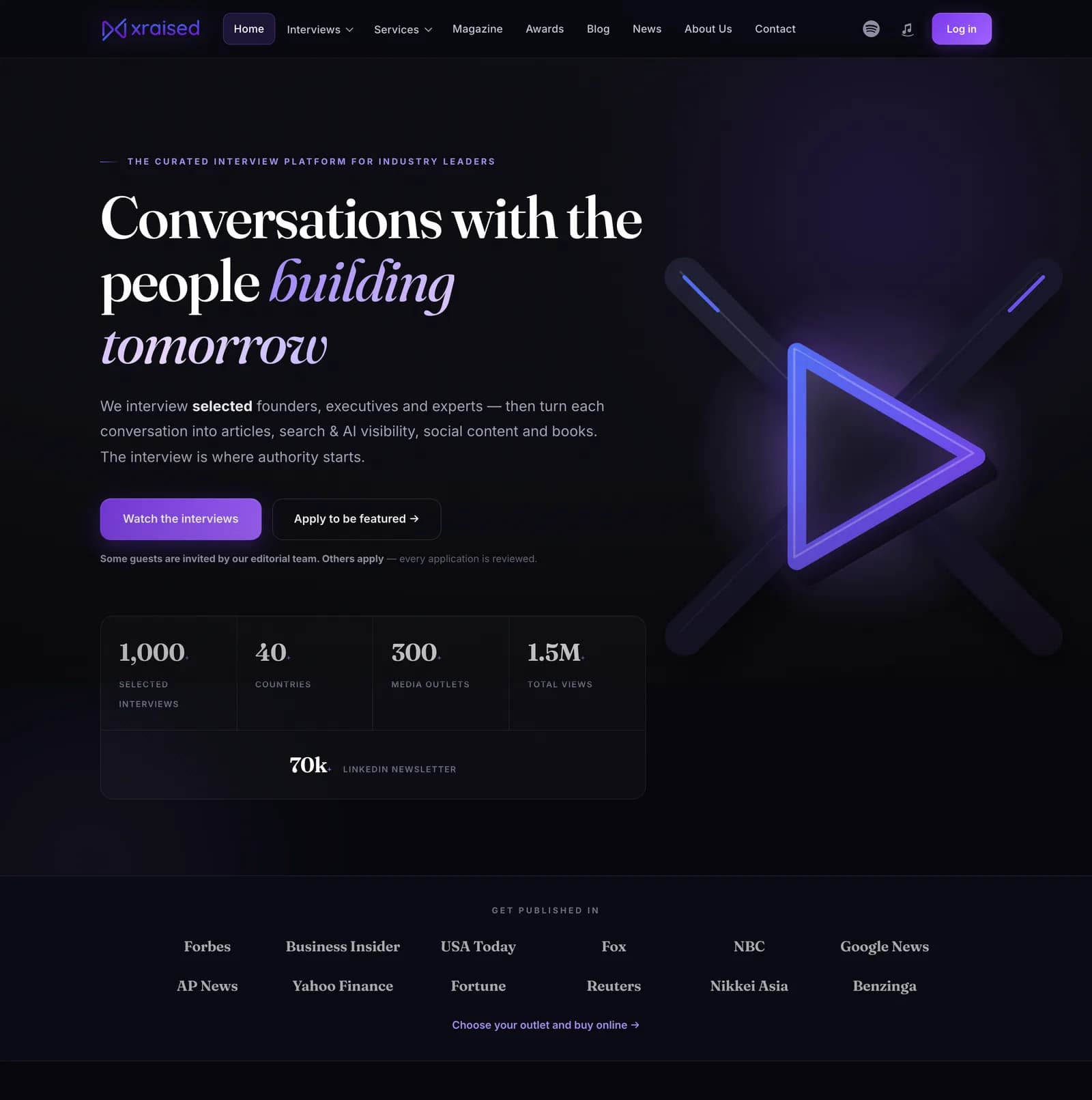 Xraised home page hero with the outlets clients are published in
