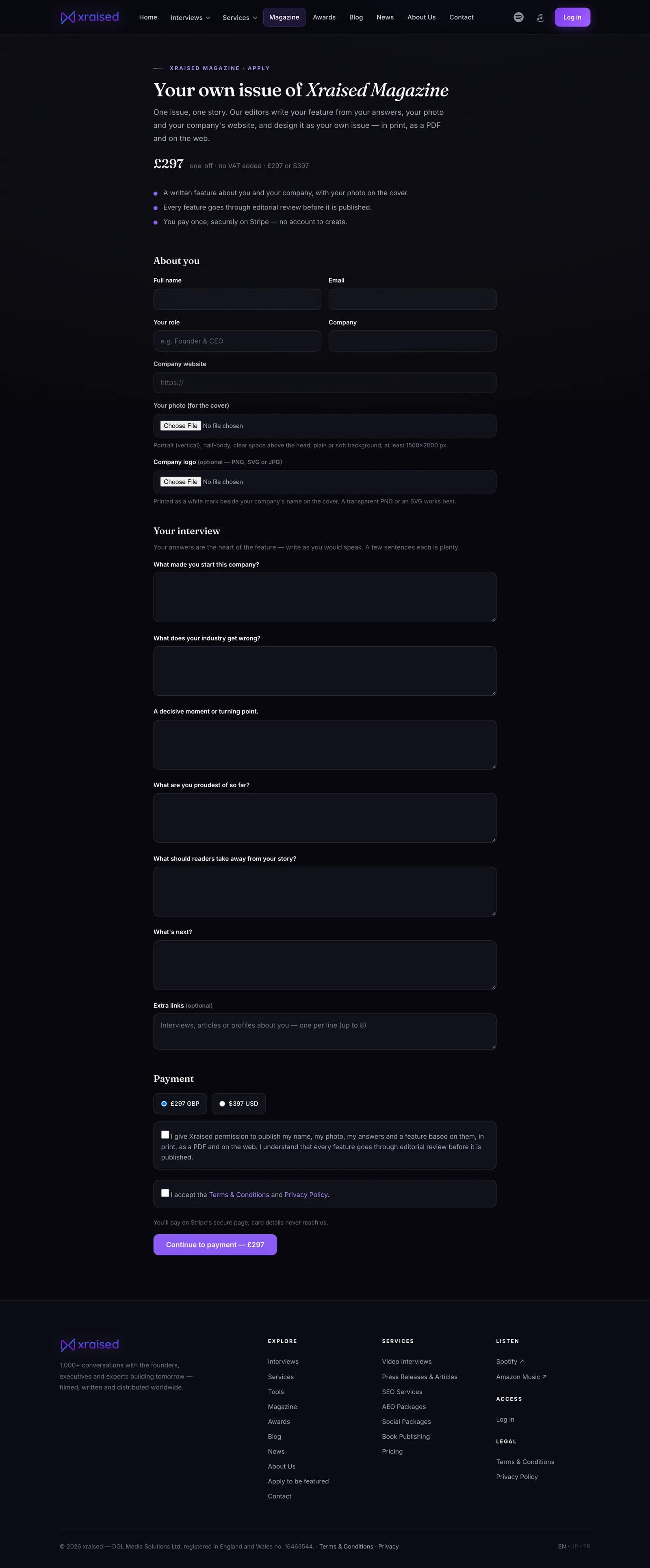 Xraised Magazine application form