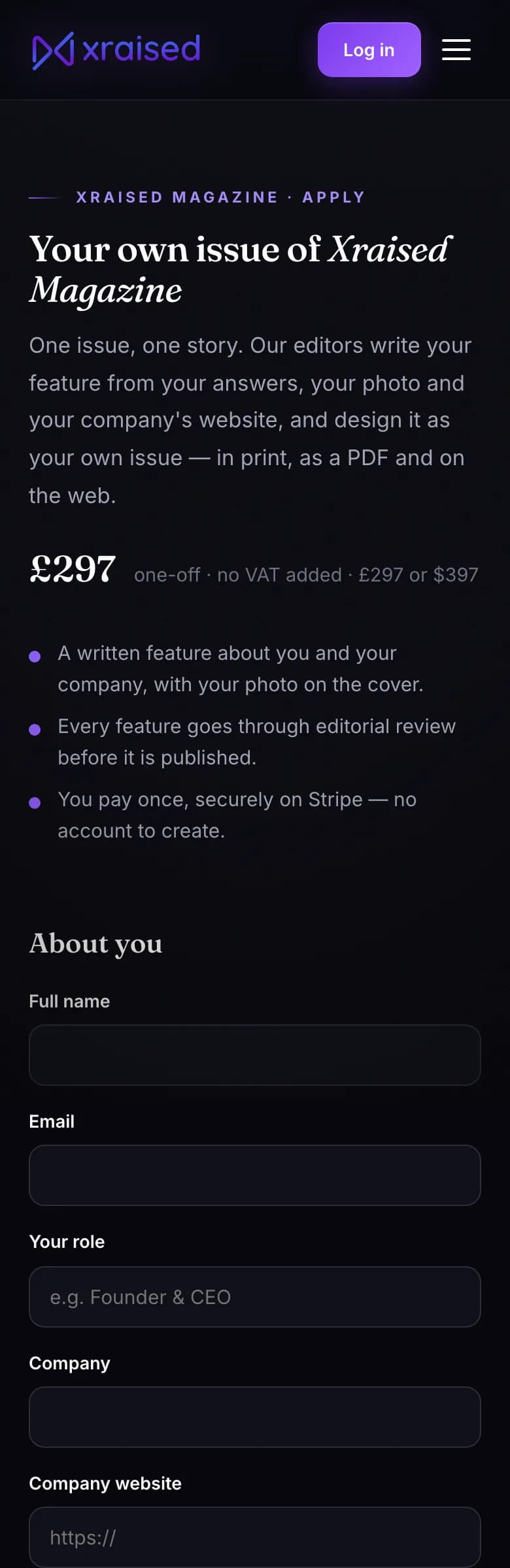Xraised Magazine application form — mobile