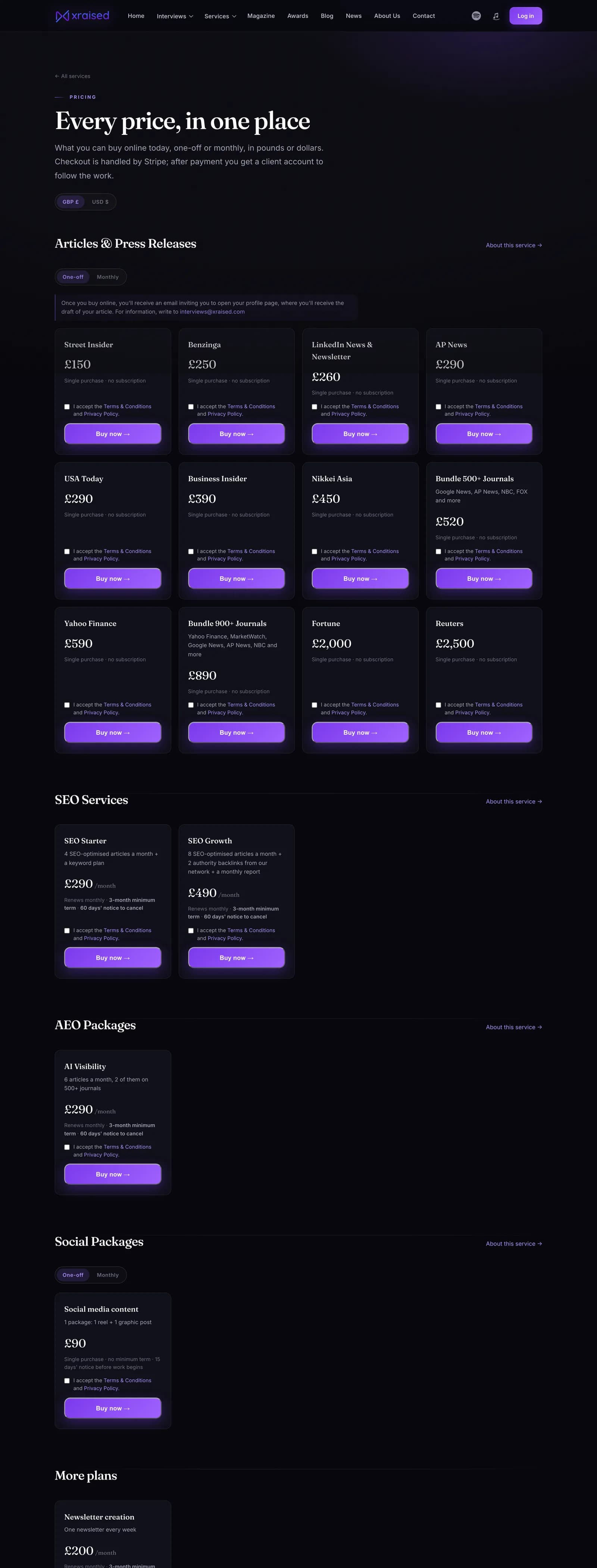 Xraised pricing page with one-off and monthly plans