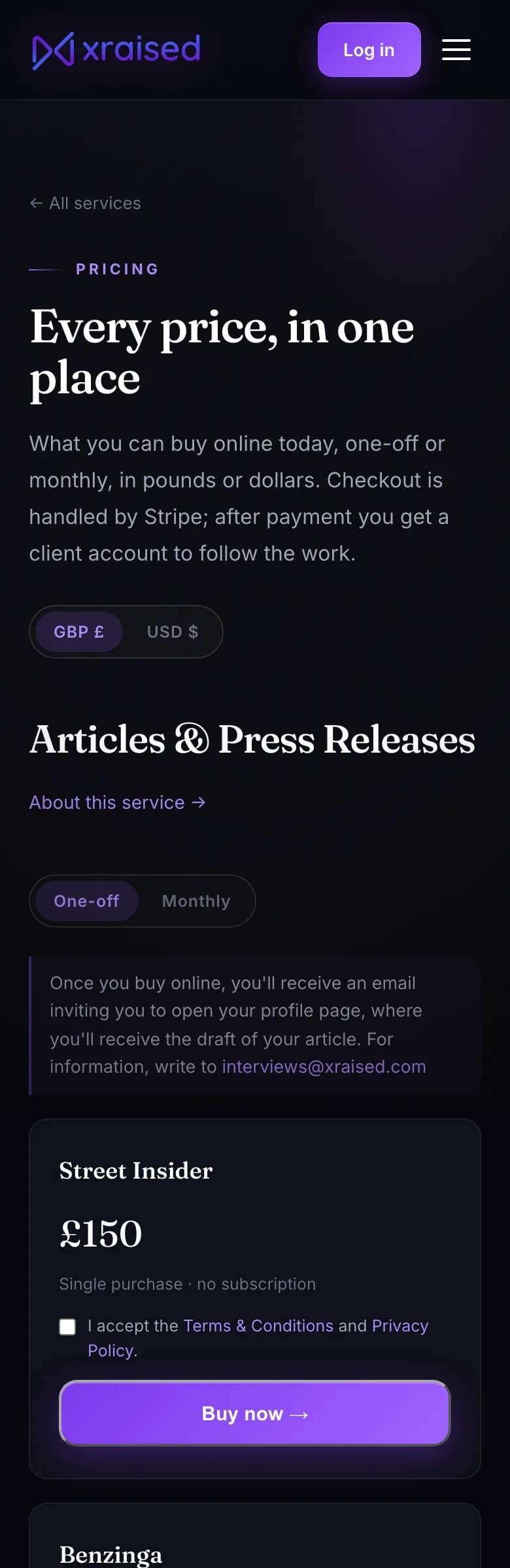 Xraised pricing page with one-off and monthly plans — mobile
