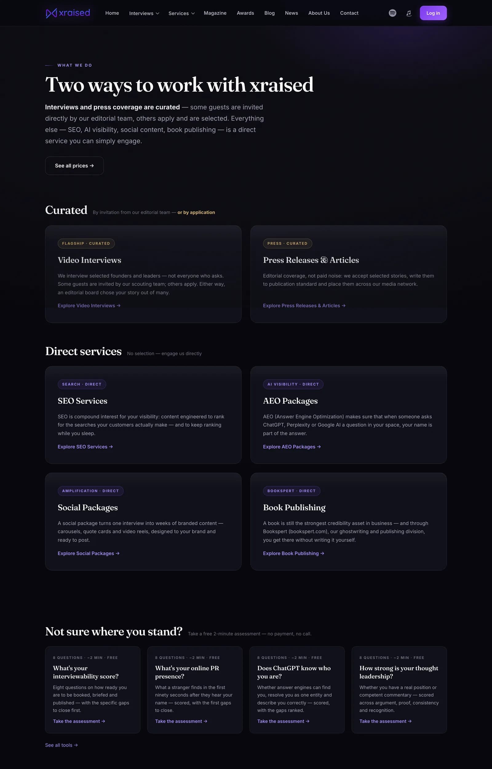 Xraised services page: curated and direct services