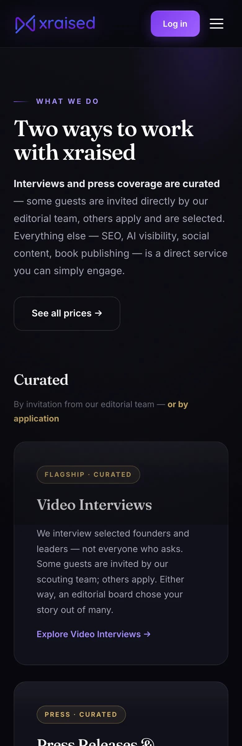 Xraised services page: curated and direct services — mobile