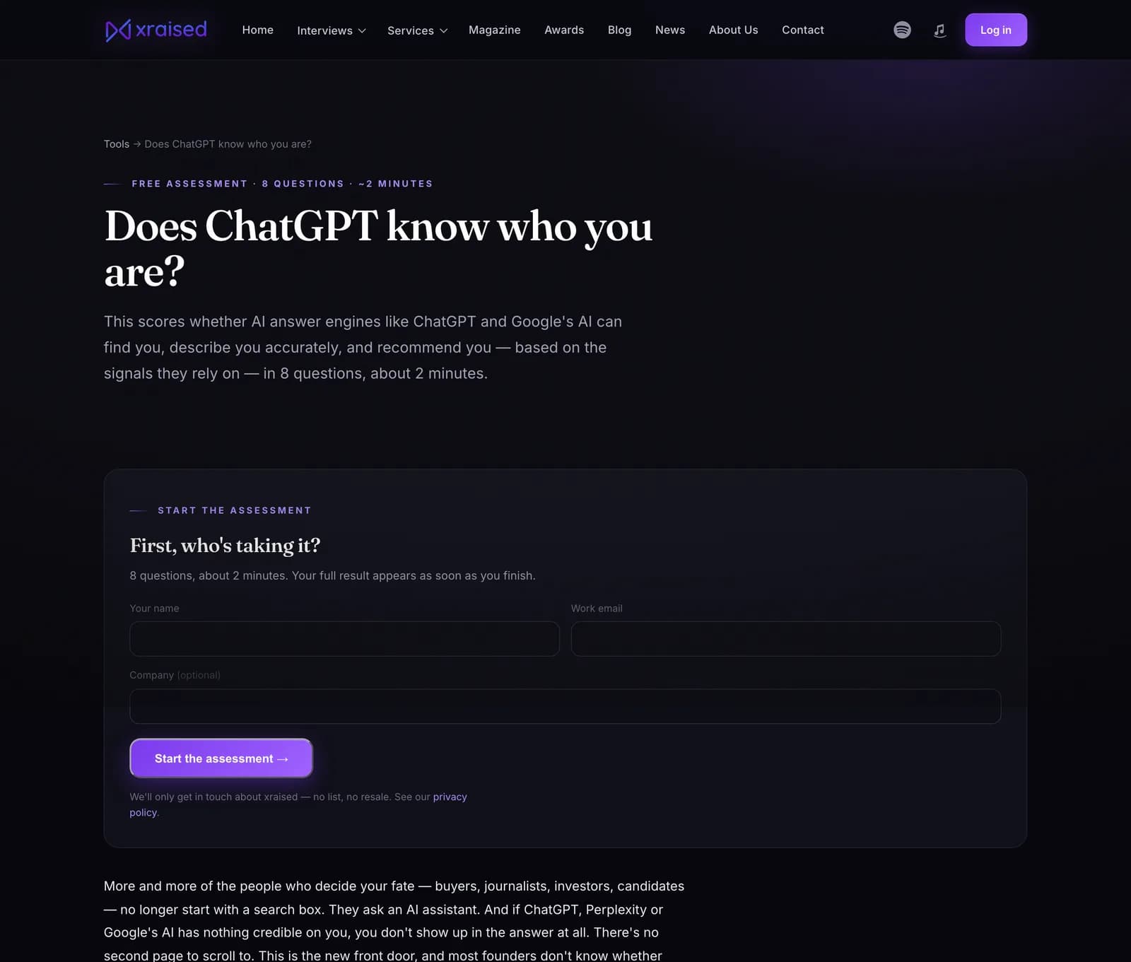 The AI Visibility Check assessment start form