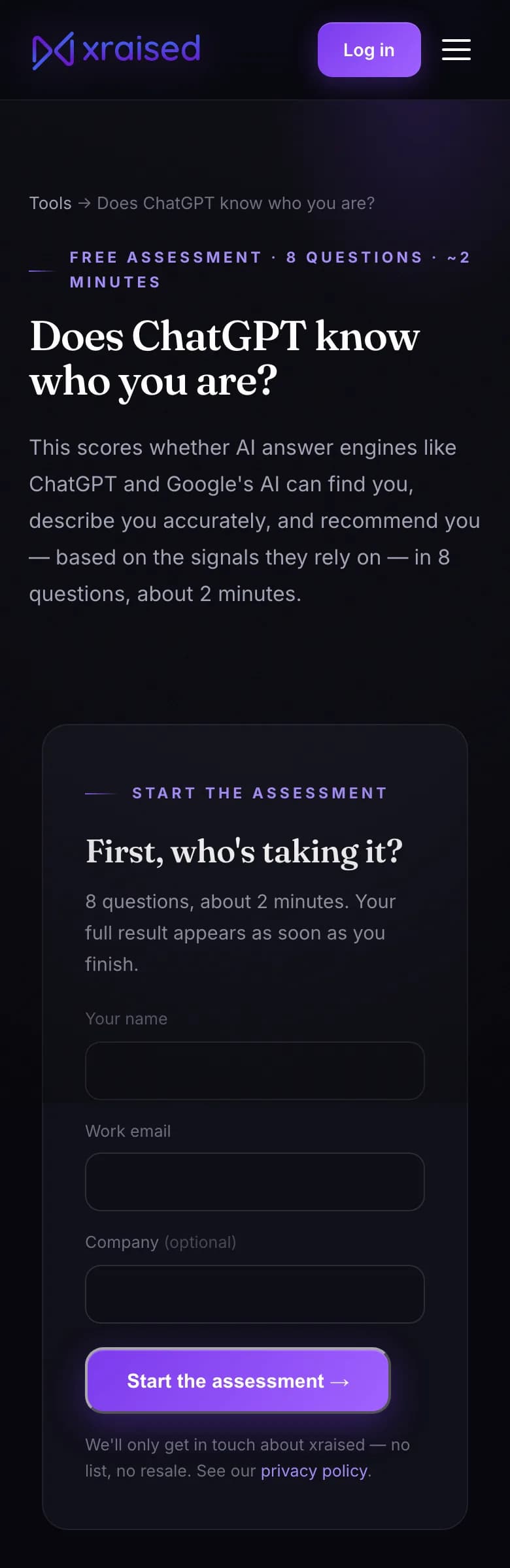 The AI Visibility Check assessment start form — mobile