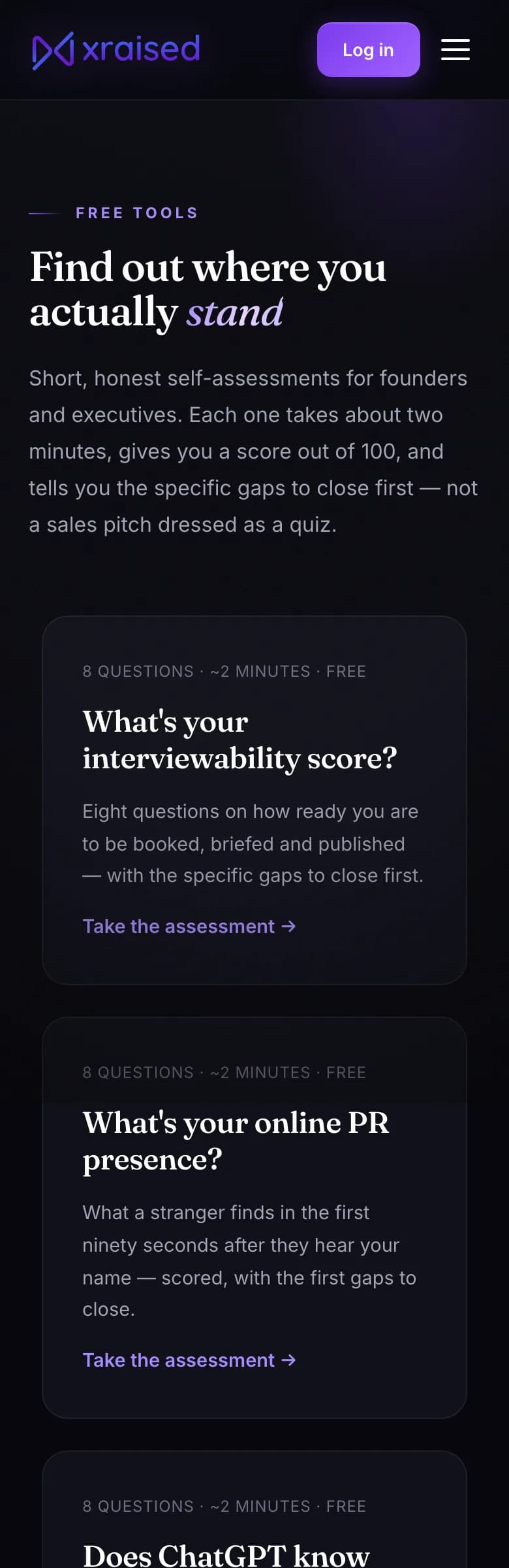 The four free self-assessment tools on Xraised — mobile